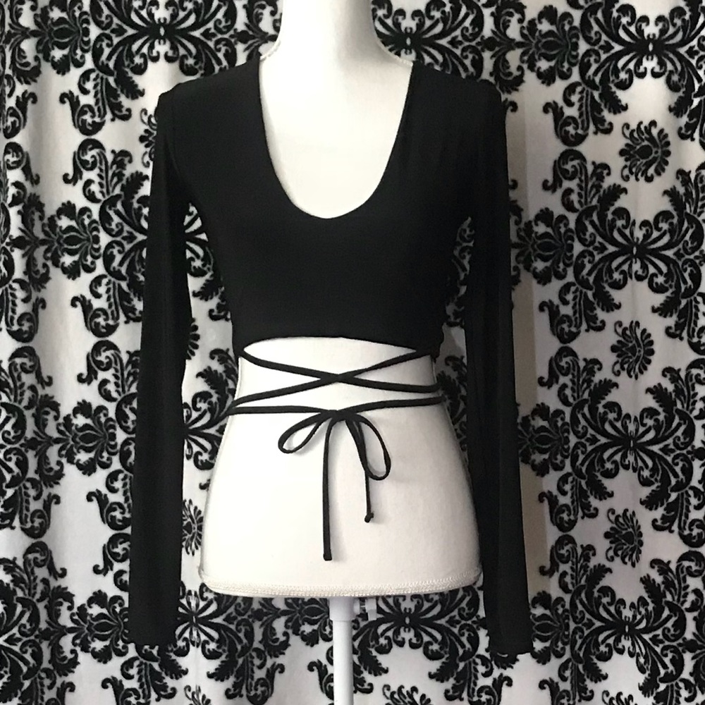 Black Slinky Long Sleeve Tie Waist Crop Top